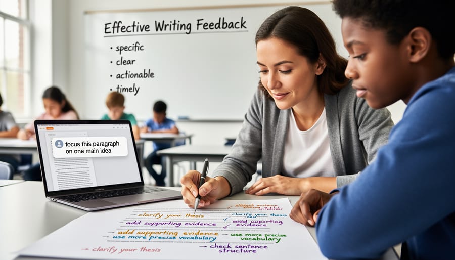 Teacher providing written feedback on student essay with red pen