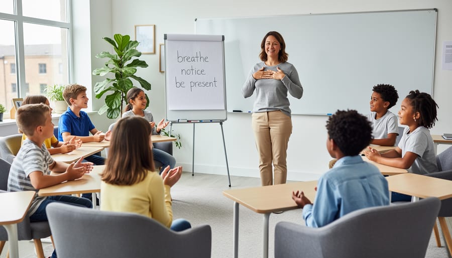 Teacher sitting with middle school students in casual circle having calm discussion