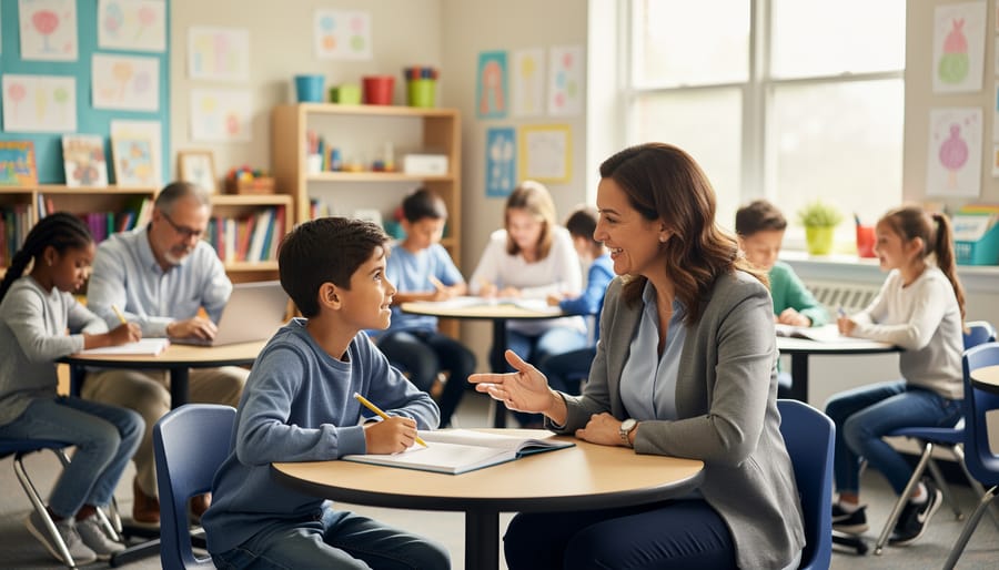 Teacher and student engaged in positive one-on-one conversation at classroom desk
