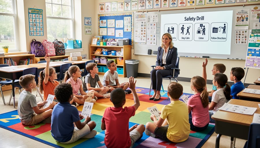 Teacher speaking calmly with elementary students during emergency preparedness discussion