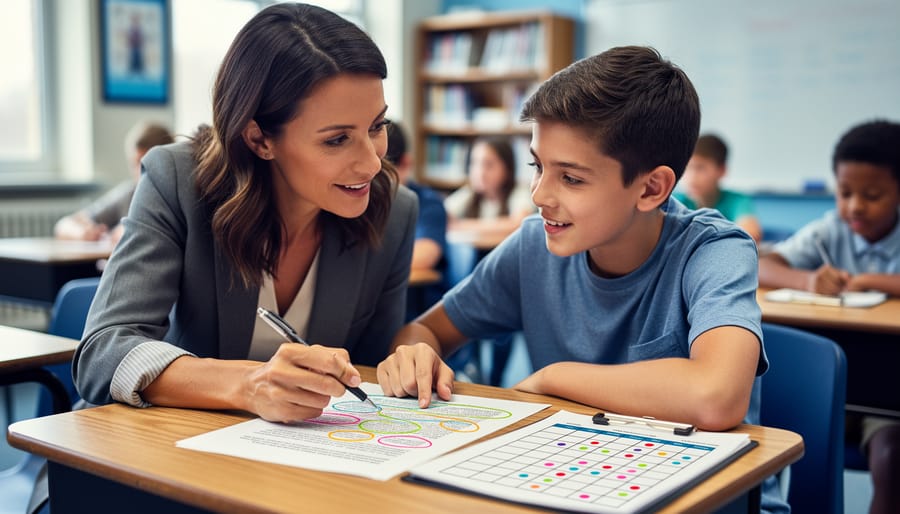 Teacher guiding a middle-school student at a classroom desk, pointing to a printed draft with color-coded highlights and a rubric-like grid with colored dots, no visible text, blurred classroom background.