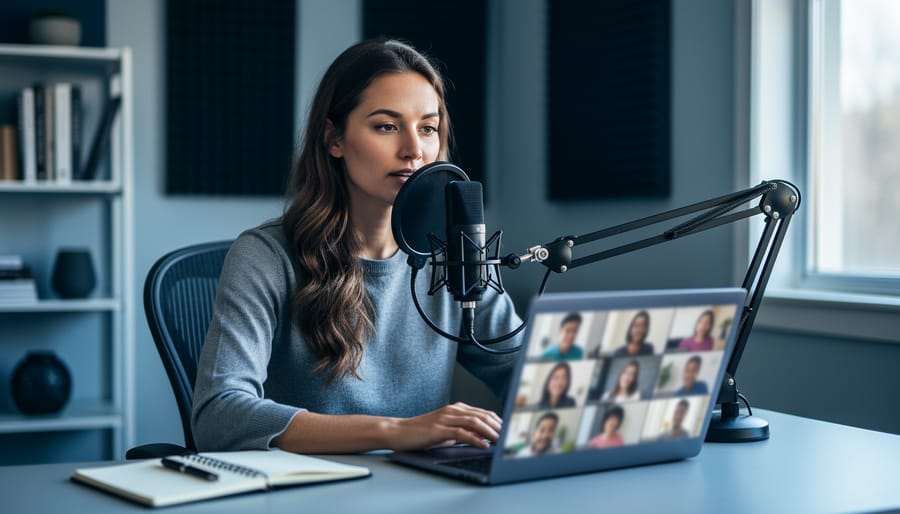 Teacher speaking into a USB condenser microphone angled 45 degrees about 6–8 inches from their mouth, with a blurred laptop video call grid in the background and soft daylight in a tidy home office with bookshelves and acoustic panels.