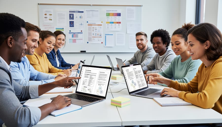 Teachers working together on laptop with PDF teaching resources in classroom setting