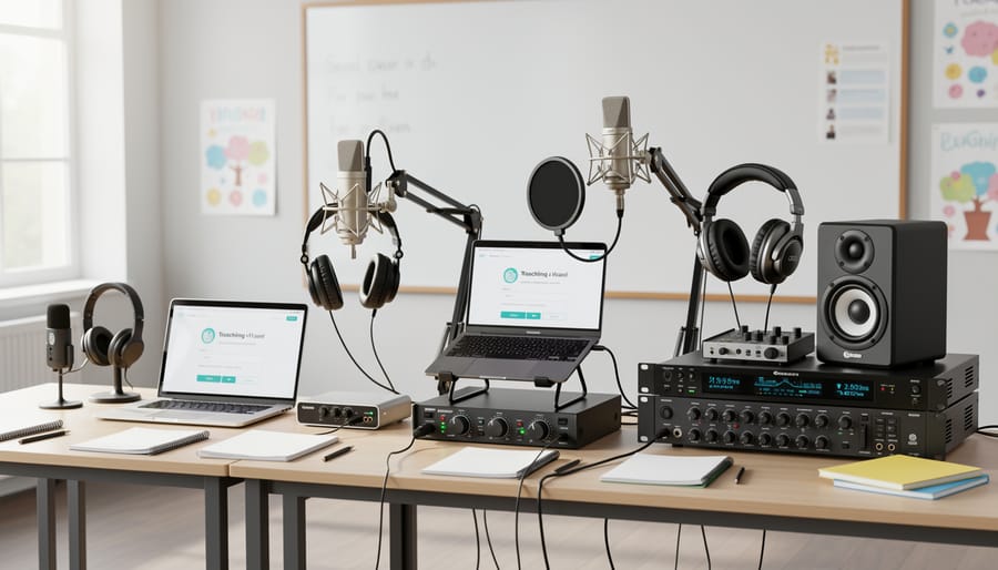 Overhead view of three budget-tiered audio equipment setups for online teaching