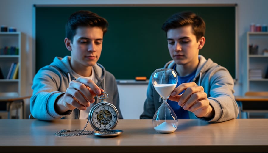 Double exposure of the same student at a classroom desk reaching toward an open antique pocket watch and a glass hourglass, lit with mixed cool blue and warm amber side light, with a blurred blank chalkboard and shelves in the background.