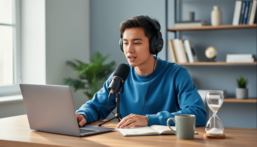 Student wearing headphones speaks into a USB microphone while studying at a laptop with an hourglass and notebook on a tidy desk, lit by soft natural daylight, with a blurred bookshelf and plant in the background.