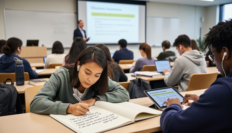 Student wearing headphones actively engaged in TOEFL listening practice