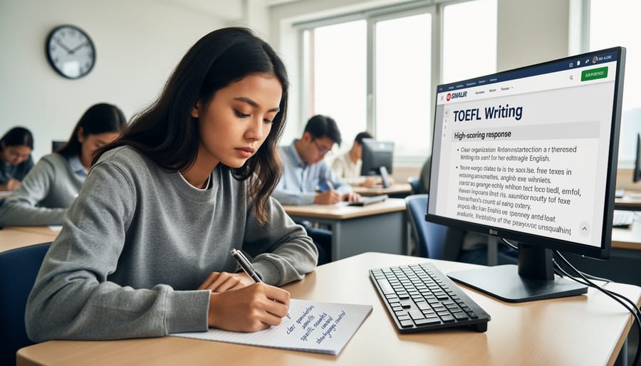 Close-up of hands typing TOEFL essay response on laptop keyboard