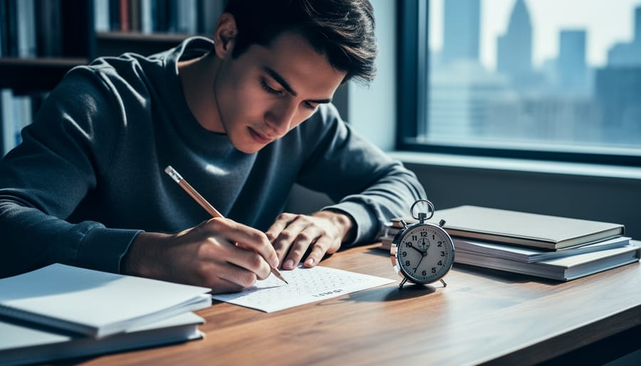 Close-up of a focused LSAT test-taker’s hands working with a pencil and analog timer on a wooden desk, soft daylight and blurred bookshelves in the background.