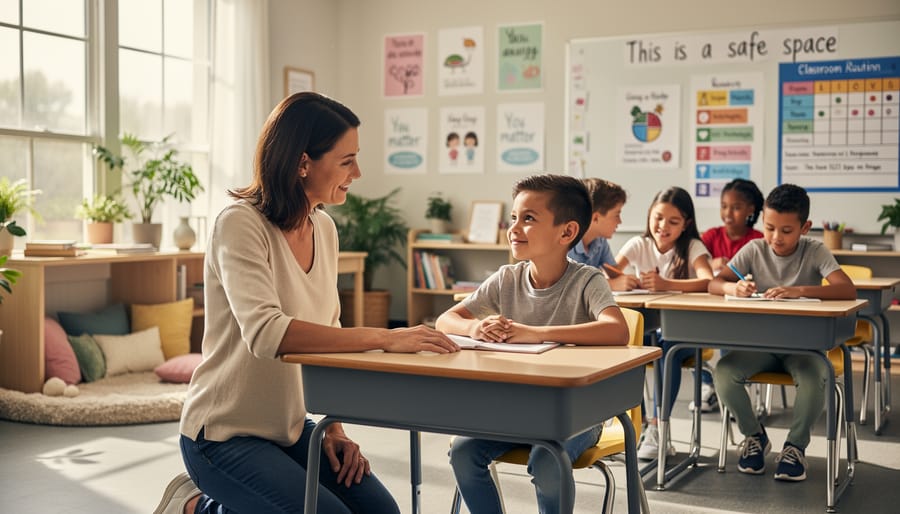 Teacher kneeling at eye level with diverse students sitting in classroom circle