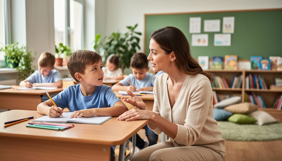 Teacher kneels beside a seated elementary student, maintaining gentle eye contact in a sunlit classroom; background softly blurred with other students working, plants, a cozy calm corner, and bookshelves; no visible text.