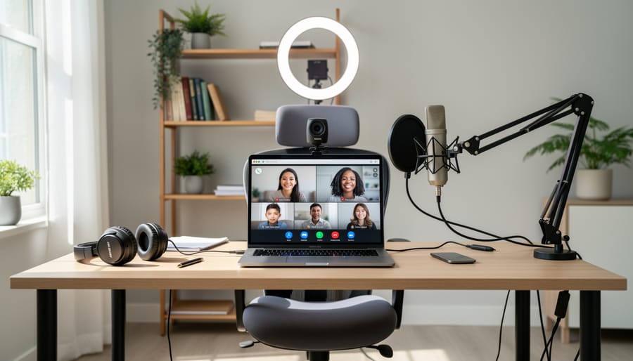 Professional home tutoring workspace with laptop, microphone, lighting, and teaching materials