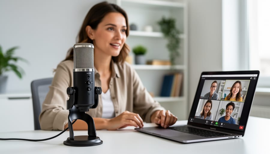USB microphone on desk in front of laptop during video call