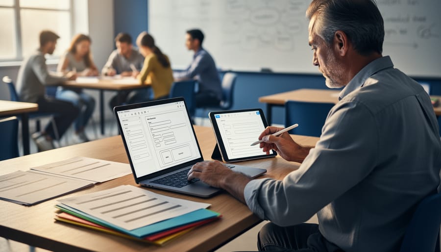 Medium overhead shot of a teacher using a laptop and tablet with stylus to convert PDFs into interactive forms at a wooden desk; screens show generic form shapes without legible text; printed pages and color-coded folders nearby; soft window light; blurred background of students collaborating in a classroom with a whiteboard.