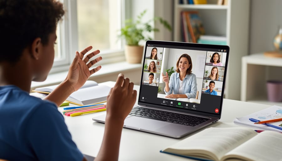 Student participating in online tutoring session via video conference with engaged expression