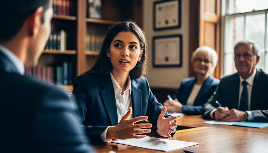 Doctoral candidate speaking confidently to two examiners across a table during a viva voce, lit by soft side daylight, with blurred bookshelves and diploma frames in the background; focus on the candidate’s engaged expression and expressive hand gesture.