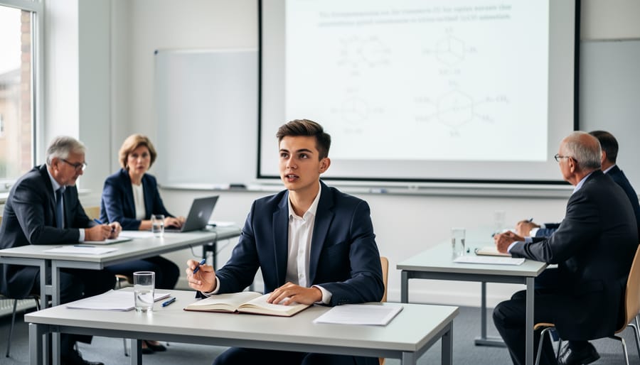 Graduate student engaged in oral examination discussion with academic panel