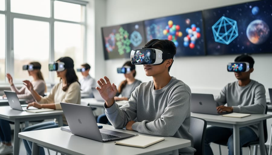 College student wearing virtual reality headset in modern classroom setting