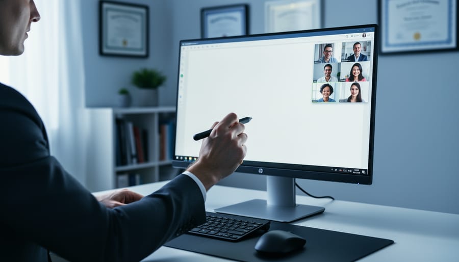 Over-the-shoulder view of a tutor using a pen tablet to annotate a digital whiteboard on a large monitor during a video call with students, in a softly lit home office with bookshelves and blurred certificates, no visible text or logos.
