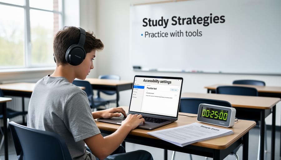 Student hands using assistive technology alongside traditional exam materials