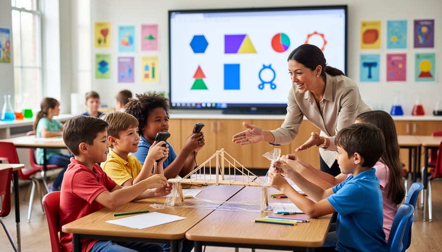Diverse fourth-grade students in a bright classroom build a small bridge from craft sticks as a teacher guides, while nearby classmates point response clickers at a large interactive whiteboard with colorful shapes; rotation stations with science beakers, cones, and posters are softly blurred in the background, with no readable text.
