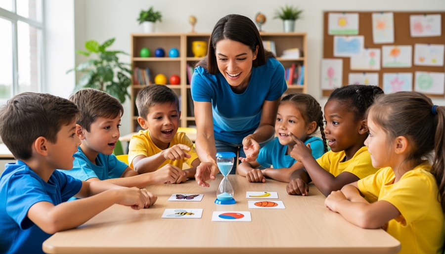 Teacher leads a small group of diverse elementary students around a classroom table as they hold picture cards of a butterfly, banana, ball, and bee beside a blue sand timer; bright natural light and softly blurred shelves and artwork in the background, no text visible.