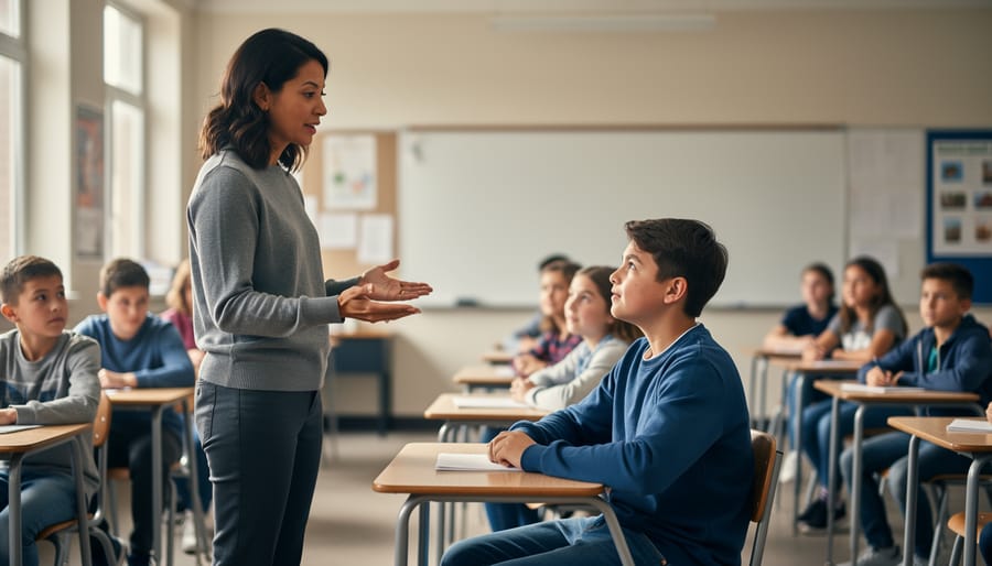 Teacher stands at a 45-degree angle with open palms, speaking calmly to a seated student while maintaining a few feet of space; softly lit classroom with blurred classmates and a blank whiteboard in the background, no visible text.