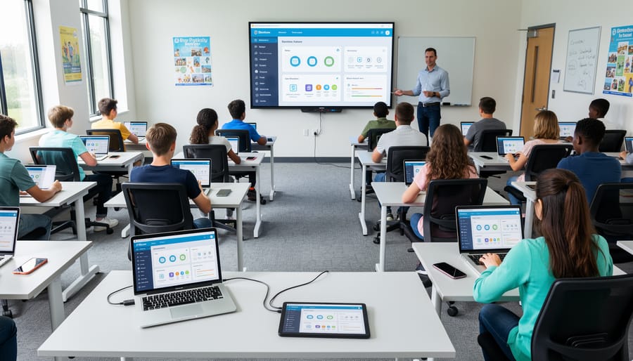 Students working on various devices including tablets and laptops in a modern classroom environment
