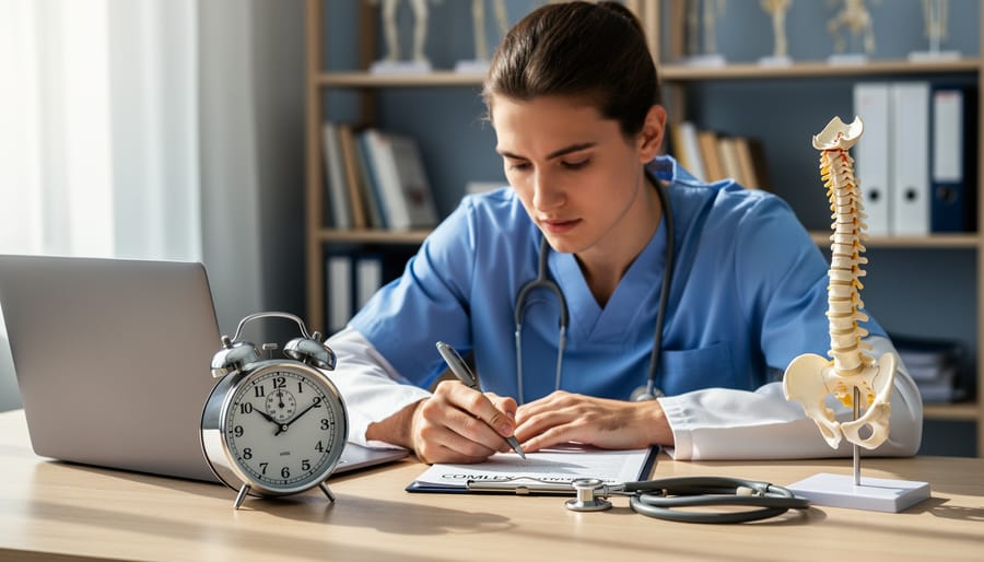 Osteopathic medical student working on a laptop with an analog timer, stethoscope, and small spine model on a wooden desk, lit by soft window light, in a quiet study room with blurred shelves and anatomy models.