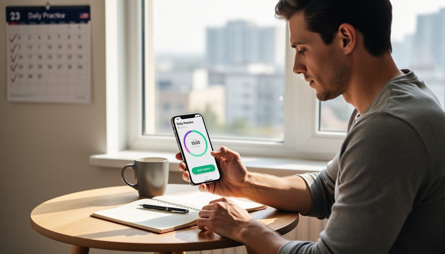 Person using smartphone language learning app at desk with notebook and coffee