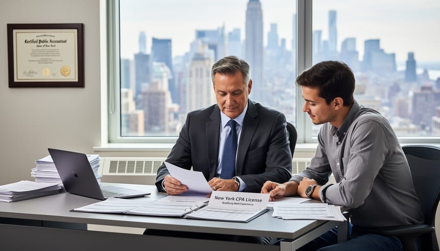 Young professional working with experienced CPA mentor in office setting