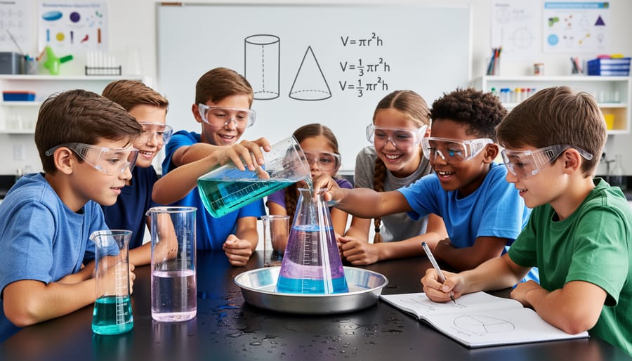 Students performing water displacement experiment with cylinder and cone containers in classroom