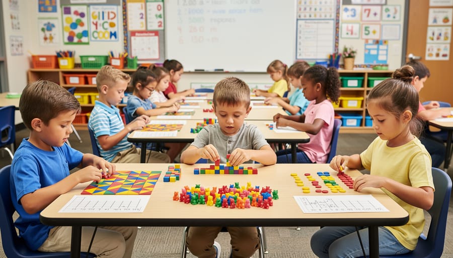 Elementary students using colorful geometric manipulatives for hands-on mathematics learning