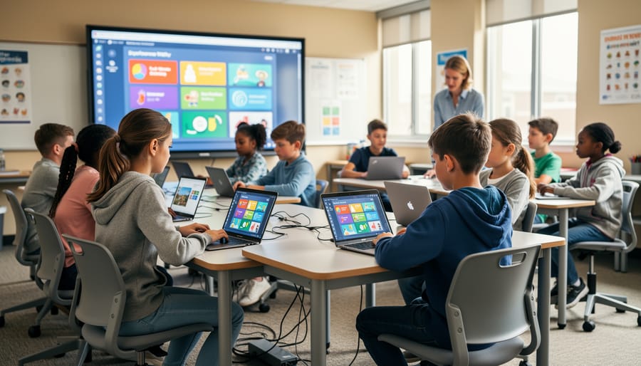 Overhead view of elementary students using tablets and headphones at individual desks