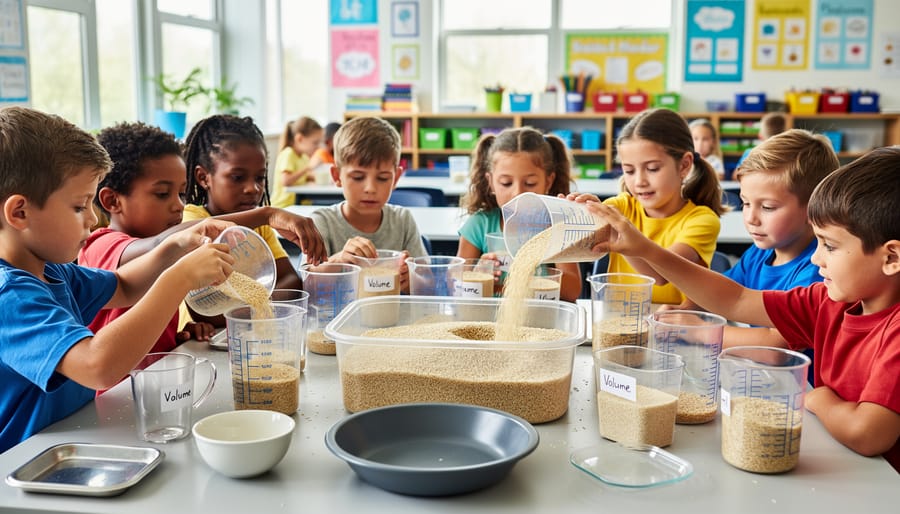 Elementary students working together at classroom table with measuring cups and containers for volume activities