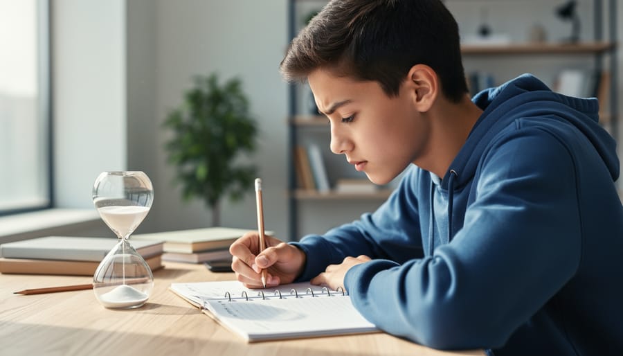 Focused high school student studying at a wooden desk with a pencil and hourglass in soft window light, with a blurred shelf and plant in the background, conveying disciplined standardized test preparation.