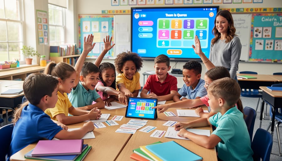 Group of 4th grade students enthusiastically raising hands during classroom quiz activity