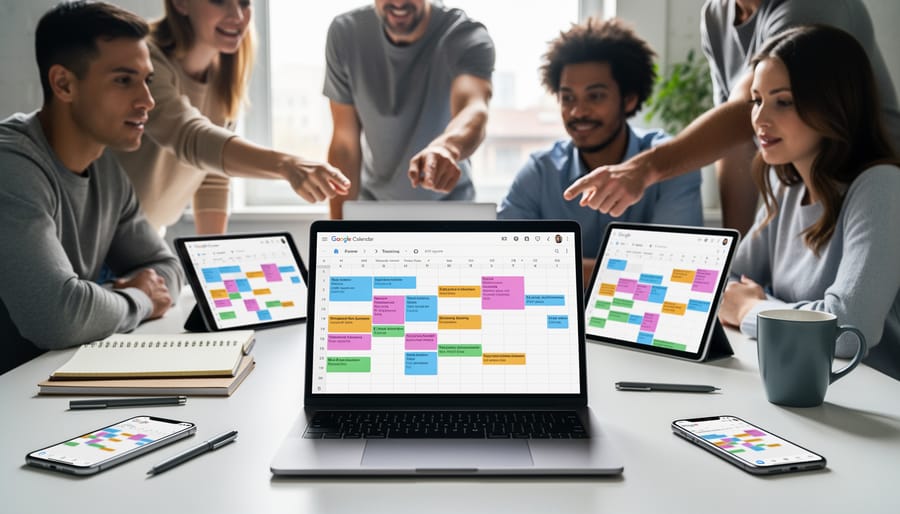 Tutor reviewing colorful Google Calendar schedule on desktop monitor