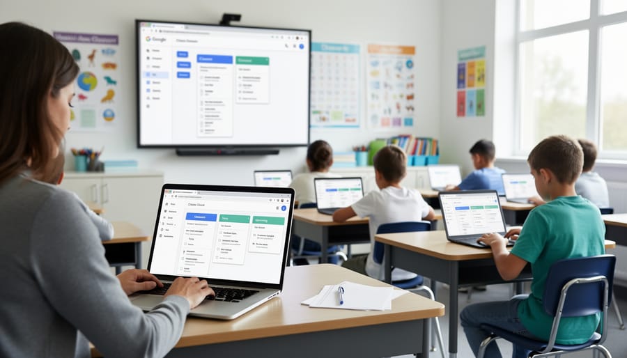 Organized teacher workspace with laptop showing Google Classroom interface and organized materials