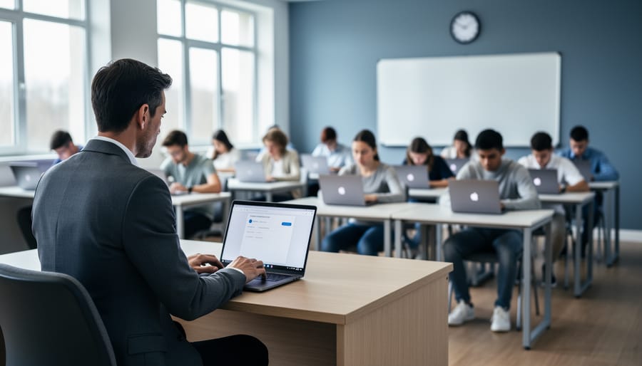 Teacher at front desk monitors a laptop while high school students take a digital quiz on laptops; soft daylight with a whiteboard and wall clock blurred in the background; no readable screen content.