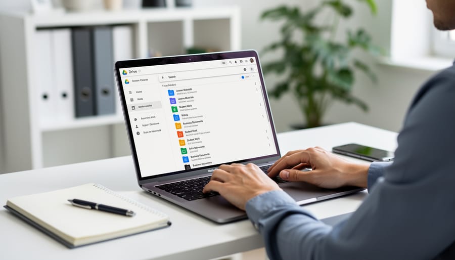 Hands working on laptop with organized Google Drive folder structure on screen