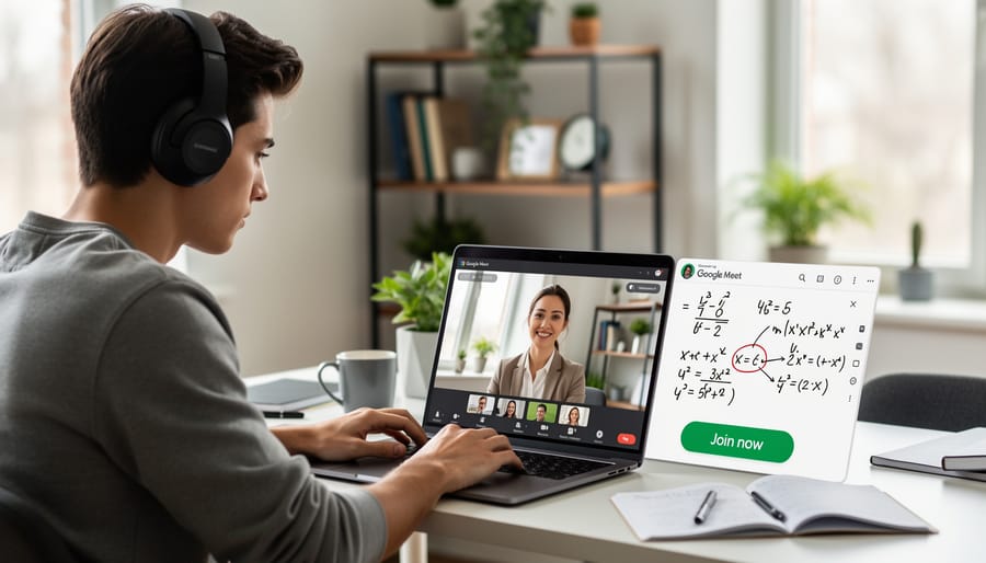 Tutor conducting engaging online lesson via Google Meet video call