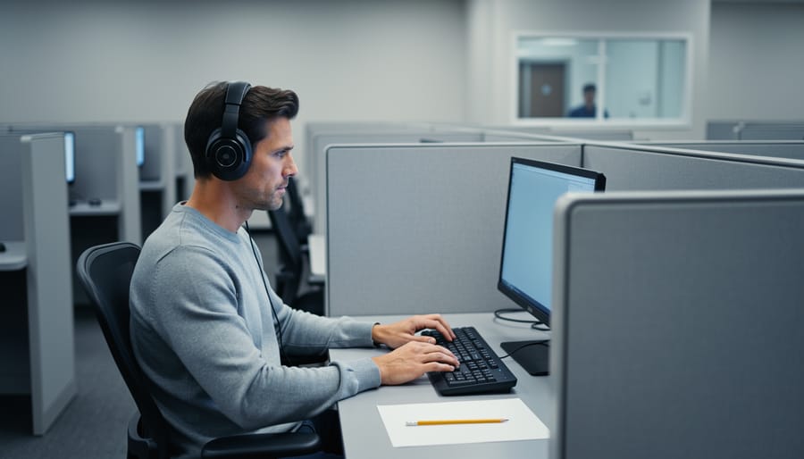 Focused student wearing headphones at a computer in a standardized testing center cubicle with pencil and scratch paper, softly blurred cubicles in the background.
