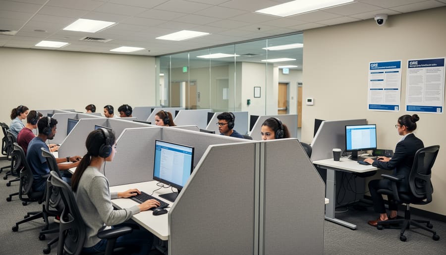 Students taking computer-based standardized test in professional testing center