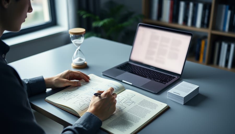 Focused student annotating a printed passage at a tidy desk with an hourglass, laptop, and closed flashcards; soft daylight and a blurred bookshelf with plants in the background.