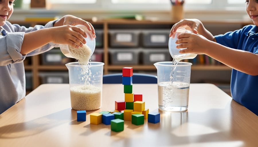 Close-up of two elementary students’ hands pouring rice and water into clear unlabeled containers and stacking colorful centimeter cubes on a classroom table, with a softly blurred classroom shelf in the background.