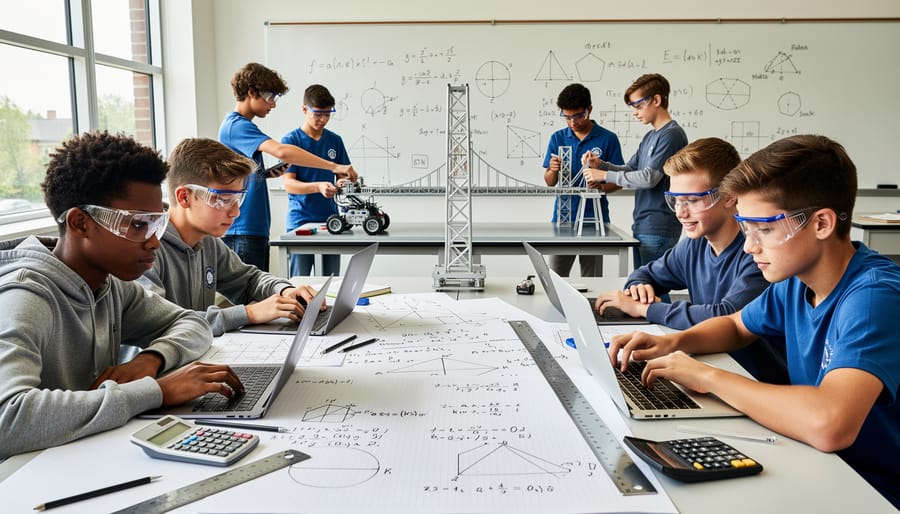 High school students working on robotics project applying mathematical concepts