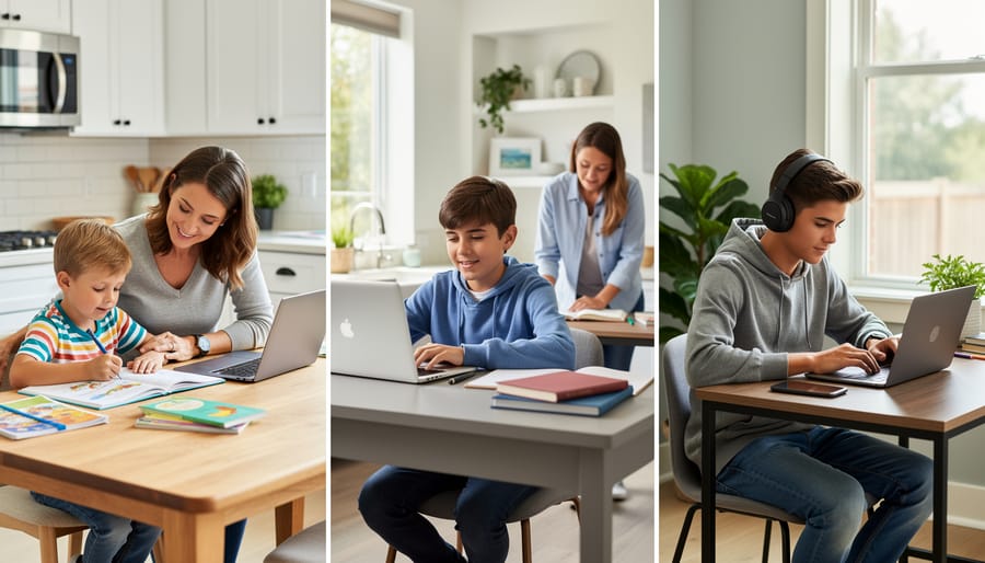 Overhead view of homeschool learning materials and laptop on desk