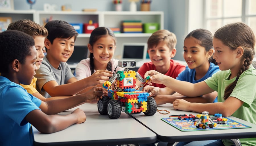 Diverse elementary-age students work together at a classroom table to assemble a colorful brick-based robot with sensors, lit by soft window light, with blurred shelves, laptops, and a play mat in the background, conveying teamwork, inclusion, and problem-solving.