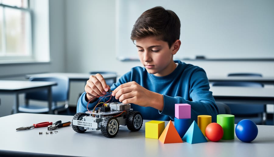 Middle-school student assembling a small wheeled robot next to colorful geometric solids on a classroom table, with soft natural light and a blurred unmarked whiteboard in the background.